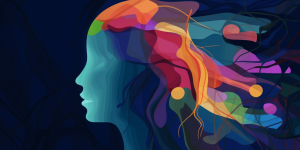 Colourful outline of human head with multi coloured hair on black background