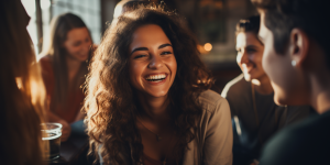 Woman laughing with friends after a DBT session