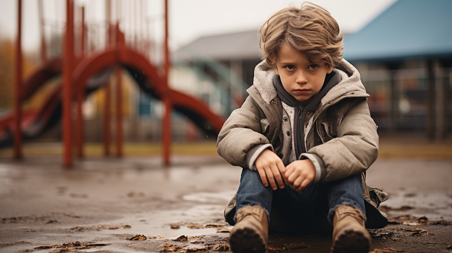 Sad boy alone on playground struggling with social anxiety