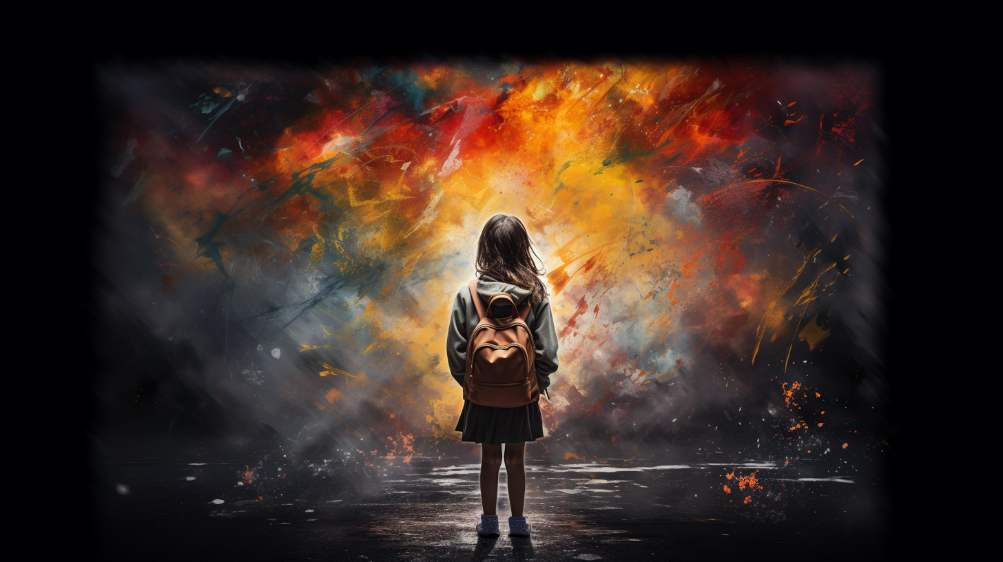 Young child with backpack viewed from behind, looking ahead with apprehension, symbolizing the uncertainty of returning to school.